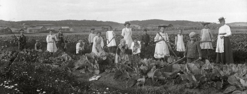 Meritalon koulun oppilaat kasvitarhassa opettajansa Hanna Kallion kanssa vuonna 1910.