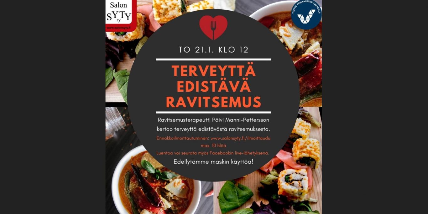 Mainos teksti jonka taustalla on eri ruokia, kuten shuseja ja salaatteja.