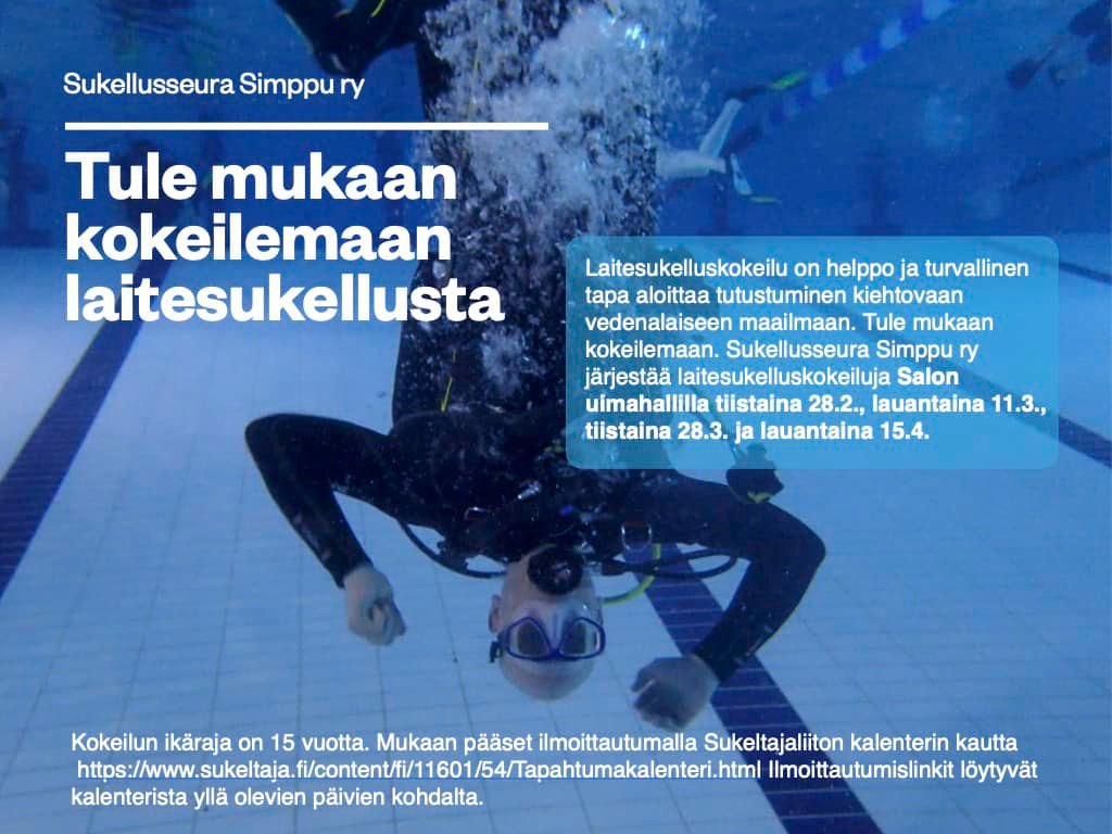 Sukeltaja ylösalaisin altaan pohjassa yllään sukelluspuku, sukellusmaski ja happilaitteet. Teksti: Tule mukaan kokeilemaan laitesukellusta.