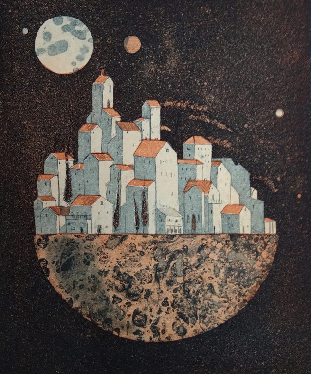 Seppo Piirainen, 2020. Kuunnousu, Månuppgång, etsaus ja akvatinta 25 x 20 cm.