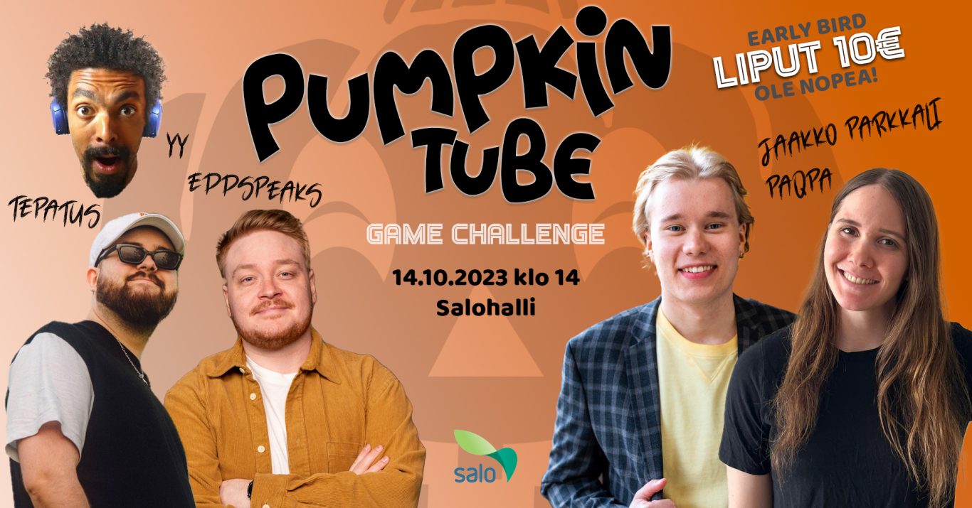 PumpkinTube 14.10.2023 klo 14, Salohallissa. Mukana Jaakko Parkkali, Paqpa, Eddspeaks, Tepatus ja YY