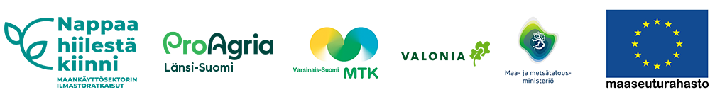 Nappaa hiilestä kiinni - maankäyttösektorin ilmastoratkaisut -hankkeen logo, ProAgria Länsi-Suomi -logo, Varsinais-Suomen MTK:n logo, Valonian logo, Maa- ja metsätalousministeriön logo sekä EU:n maaseuturahaston tunnus.