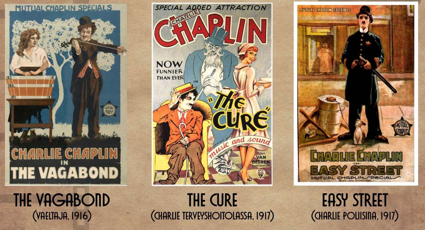 The Vagabond, The Cure ja Easy street -elokuvien vanhat elokuvajulisteet