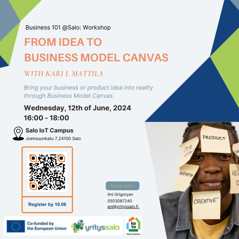 Business 101 @Salo: Workshop. From idea to business model canvas with Kari I. Mattila. Bring your business of product idea into reality through Business Model Canvas Wednesday 12th of June 2024 16-18. Salo IoT Campus.