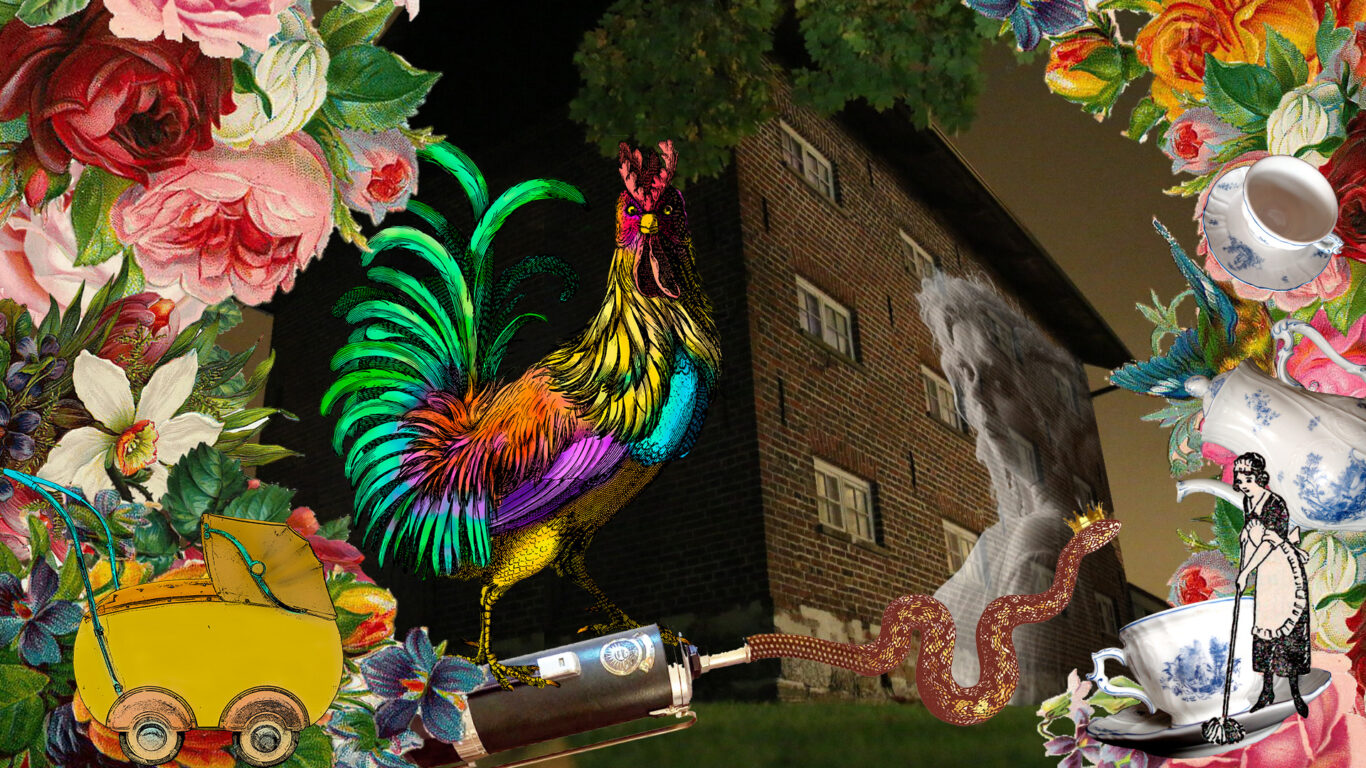 A ghost projected on the wall of the outbuilding of the Wiurila manor and surrounded by colorful roses and objects