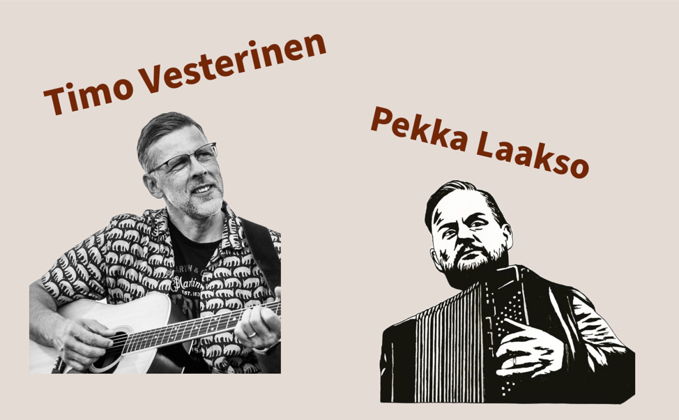 Timo Vesterinen soittamassa kitaraa ja Pekka Laakso soittamassa harmonikkaa