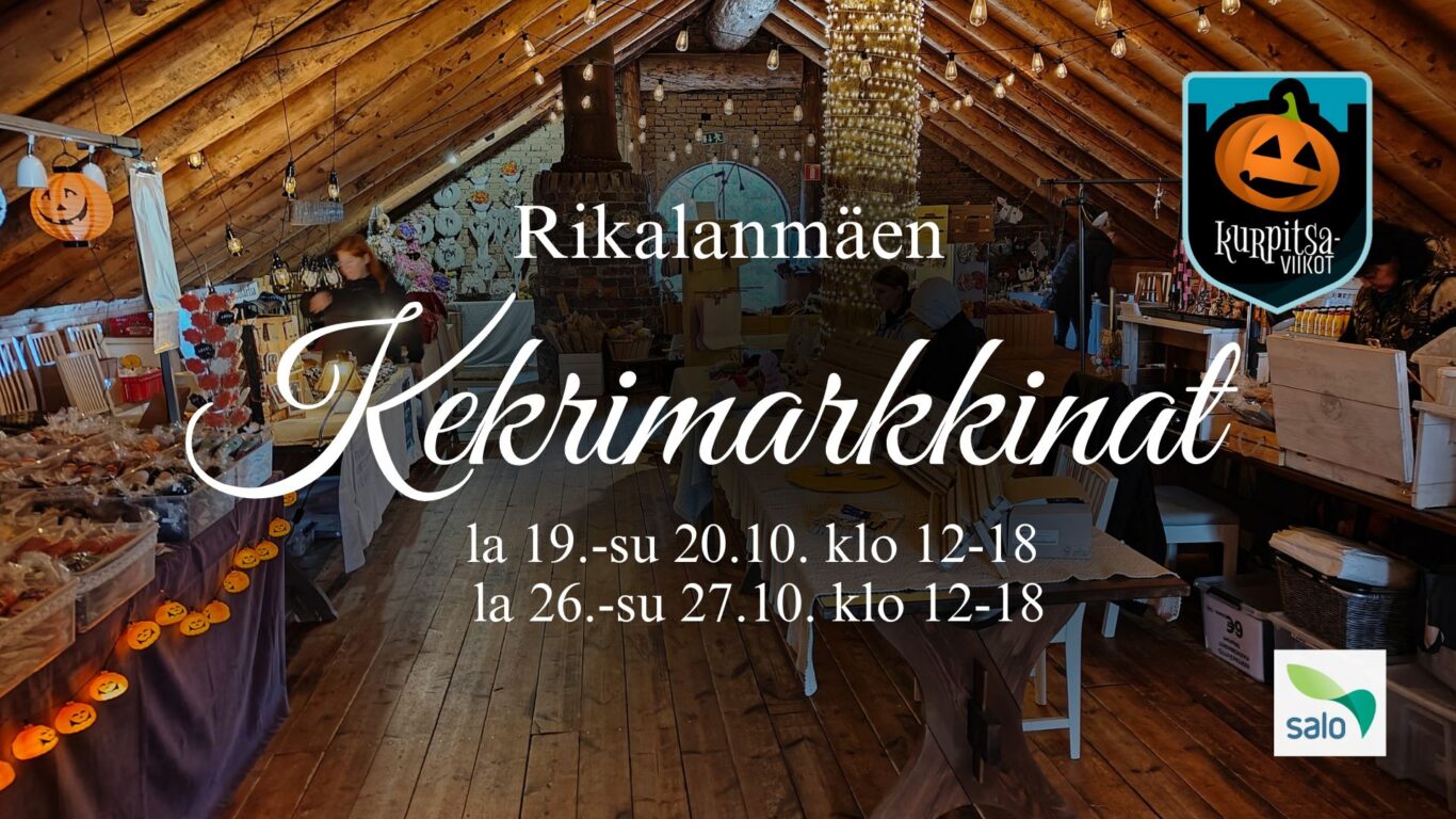 Rikalan Krouvin julkisivu, edessä kurpitsoita, Rikalan Krouvin vintillä pidetään kekrimarkkinat Kurpitsaviikoilla, Markkinoilla käsityöläisiä ja lähituottajia