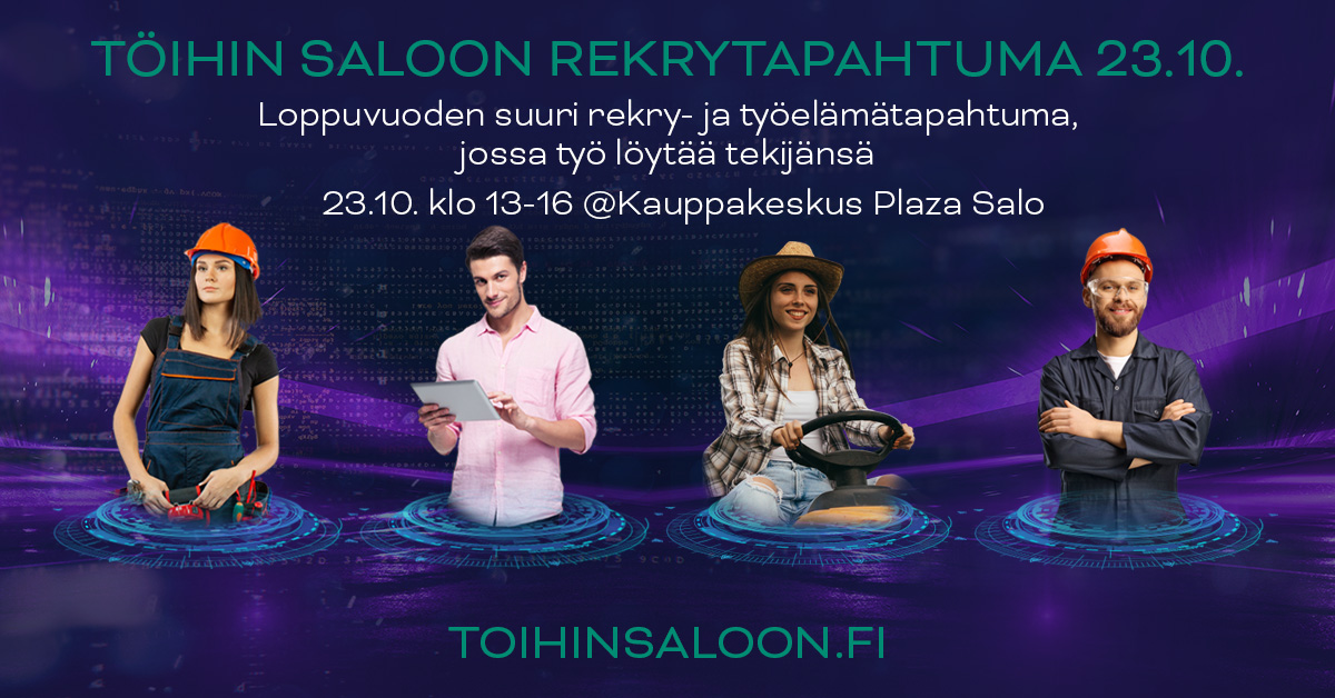 Töihin Saloon -rekrytapahtuma 23.10.2024 klo 13-16 kauppakeskus Plaza. Kuvituskuva.