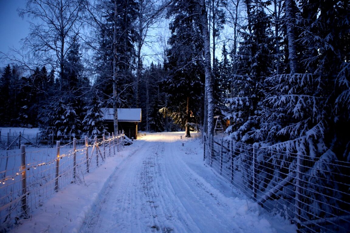 Talvinen, hämärä maisema, jossa metsätie, mökki ja seipäistä tehdyt aidat joissa roikkuu valonauhaa