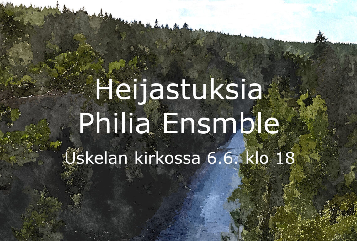 metsä ja jokimaisema, jonka päällä konsertin paikka ja aika
