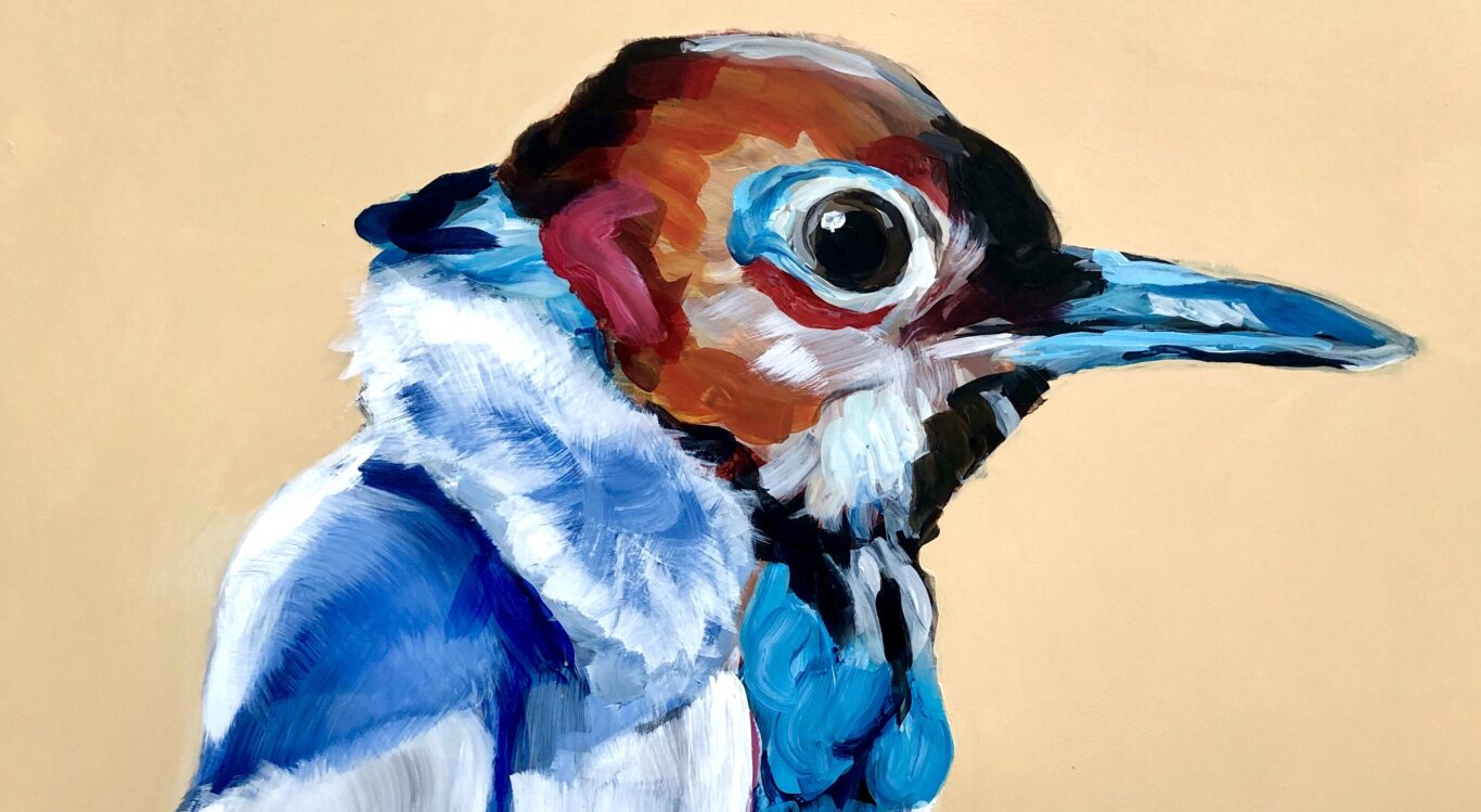 Ilona Niemi's painting of a bird character, Marvin, 2022