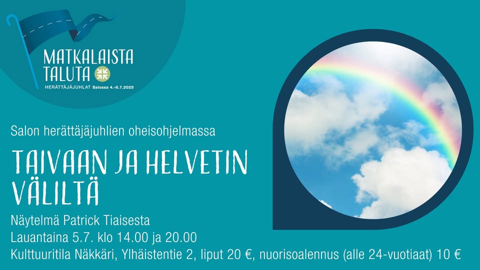 turkoosinsininen tausta, herättäjäjuhlien logo, kuva jossa taivas ja sateenkaari