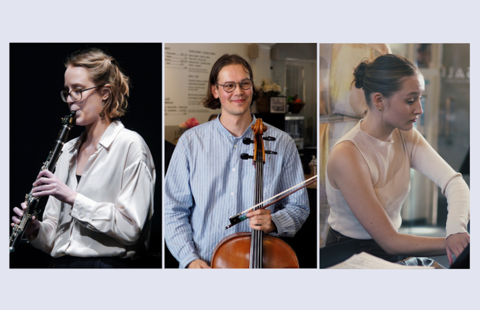 Kuvassa Trio Usvan jäsenet eli klarinetisti, sellisti ja pianisti