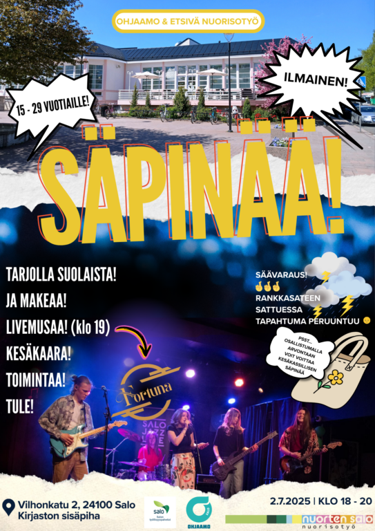 Kuvassa vaaleanpunainen kirjasto ja viisi henkinen bändi. Kuvassa teksti Säpinää! ilmaistapahtuma 15-29 vuotiaille nuorille. Tarjolla suolaista ja makeaa! Livemusaa (klo 19), kesäkaara ja toimintaa. Säävaraus.