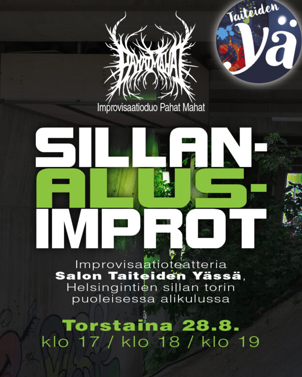 Sillanalusimpron tapahtumalogo ja -tekstiä mustalla taustalla
