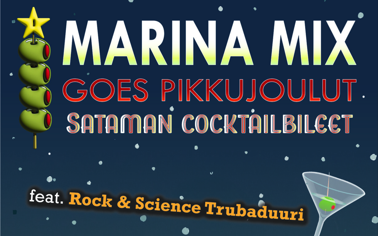 Satama, oliivijoulukuusi, drinnnkilasi ja lumisadetta.