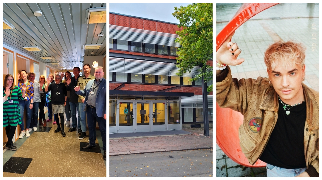 Kolmen kuvan kollaasi Salon työllisyyspalveluiden päätoimipisteen avajaisviikosta. Kuvissa henkilökuntaa, rakennuksen pääsisäänkäynti, sekä tubettaja Joona Hellman.
