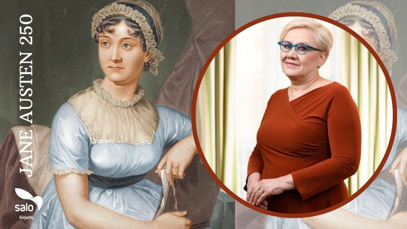 Jane Austen 250, Heta Pyrhönen ruskeassa asussa ja Jane Austenin kuva