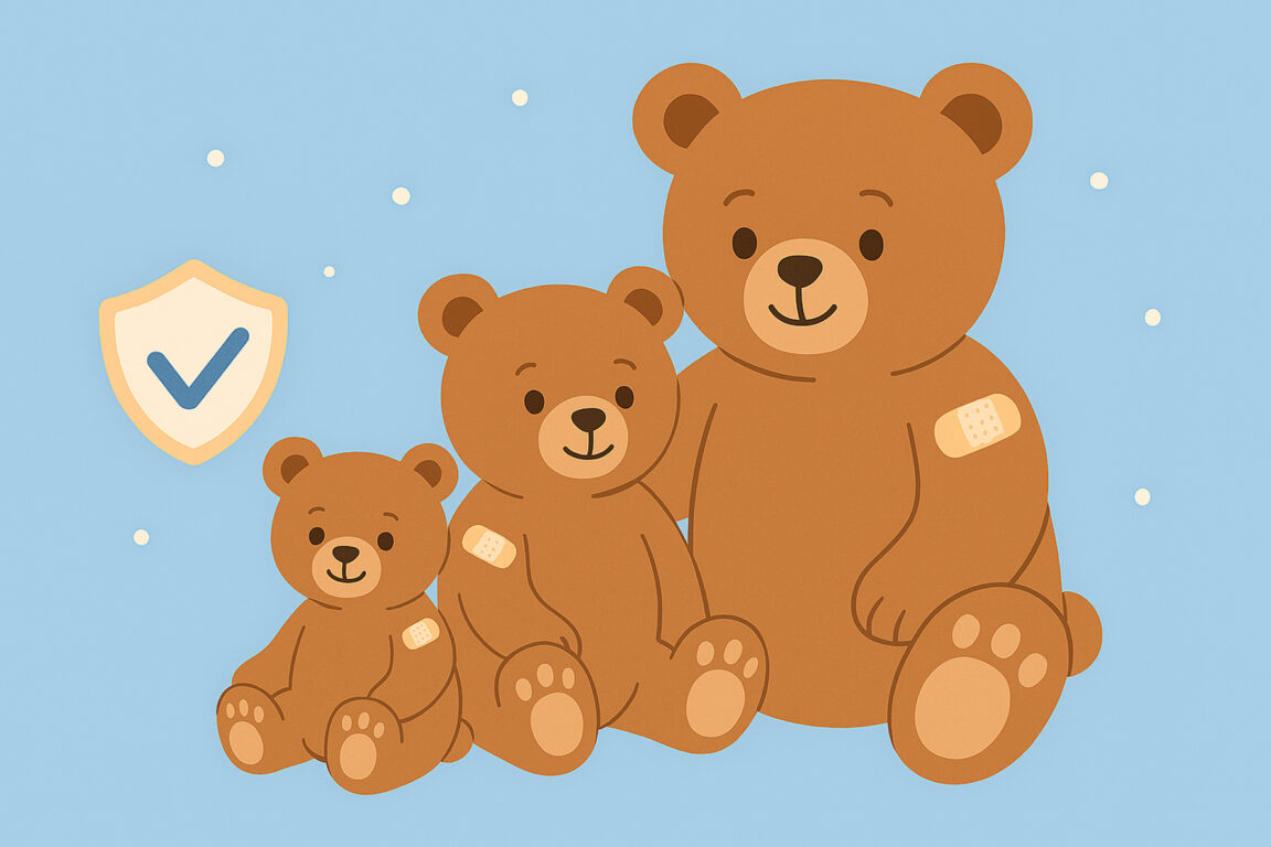 Kolme nallea istuu vierekkäin piirretyssä kuvassa. Kaikilla on käsivarressaan laastari. Kuva on luotu tekoälyllä. 