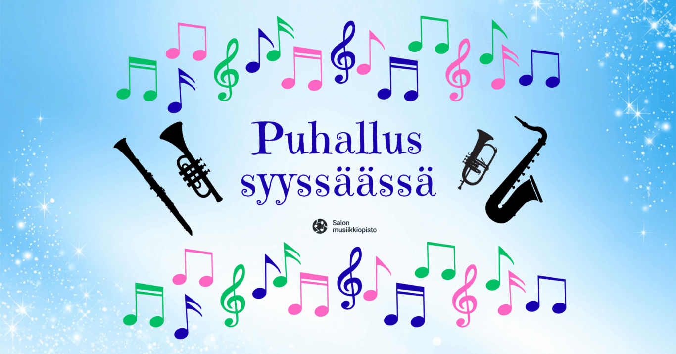 Värikkäitä nuotteja sekä mustat siluettikuvat klarinetista, trumpetista, baritonitorvesta ja saksofonista.