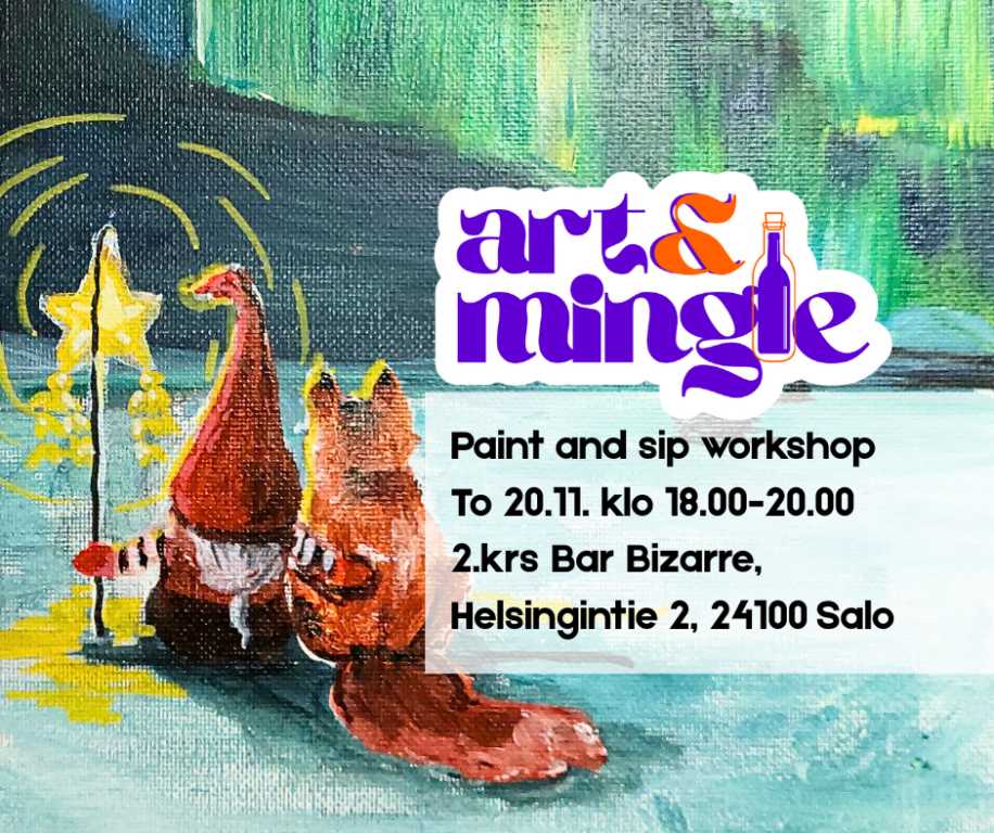 Maalatussa kuvassa on tonttu ja kettu, revontulet taustalla. 