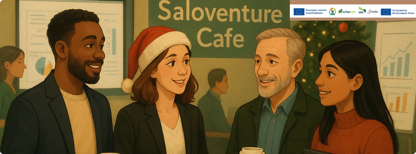 Ihmisiä keskustelemassa tapahtumassa.