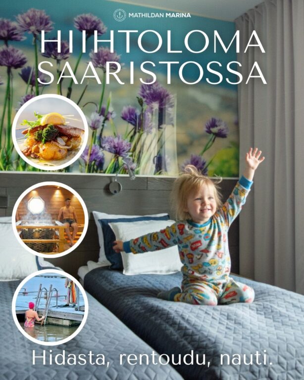 Lapsi leikkii hotellisängyssä Mathildan Marinassa