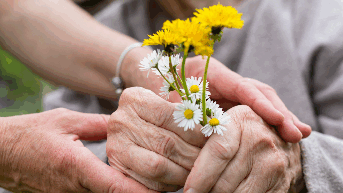 Käsi pitelee kevään kukkia. 