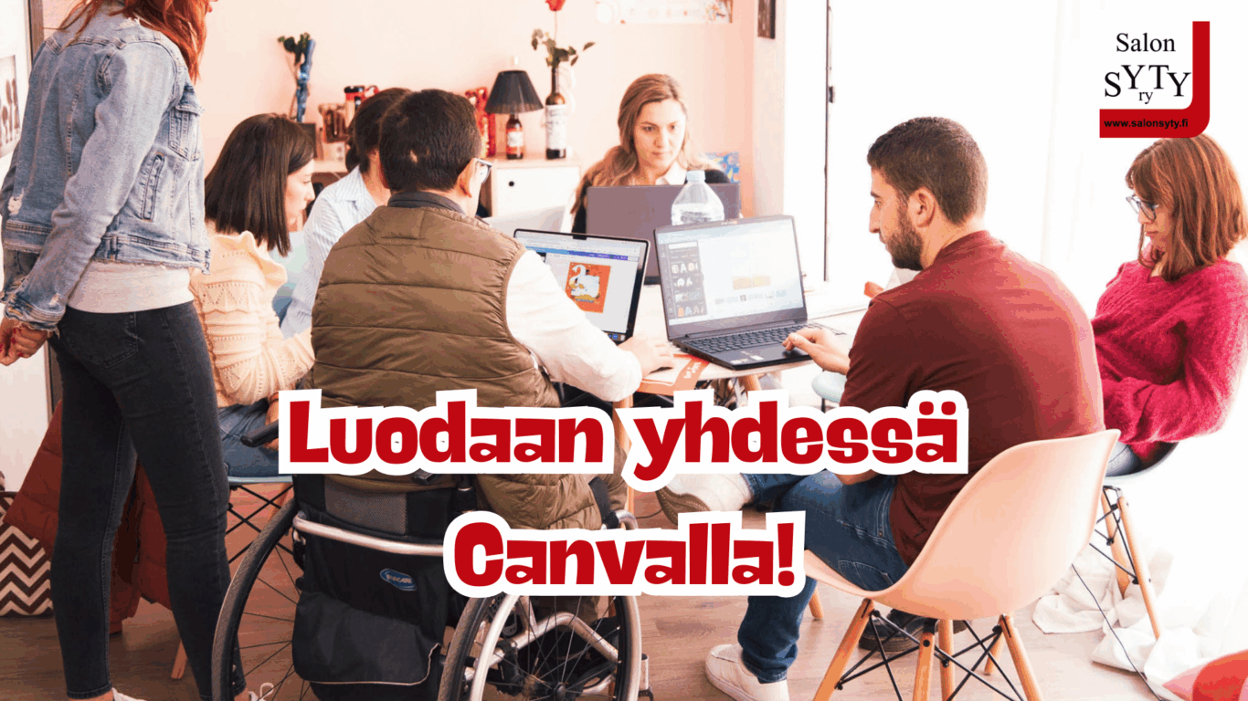 Joukko opiskelijoita tietokoneineen pyöreän pöydän ääressä.