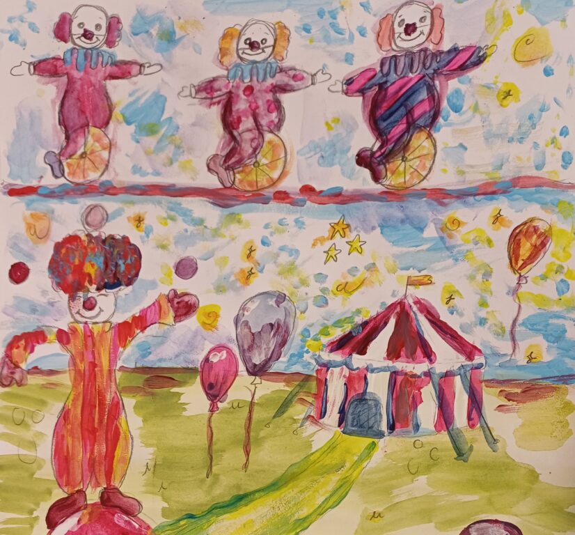 Seela Ollikkalan koulusta piirsi sirkusaiheisen teoksen näyttelyyn