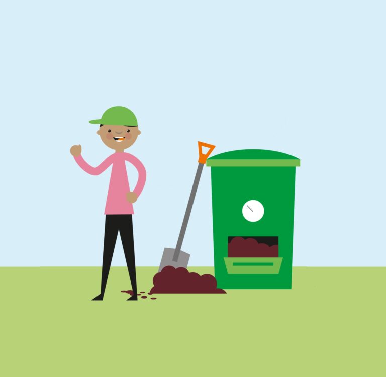 Piirroskuva hahmosta, joka kompostoi.