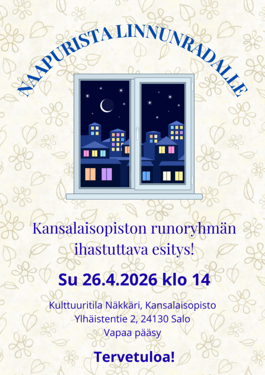 Kansalaisopiston runoryhmän esityksen juliste. Esitys 26.4.2026 klo 14
