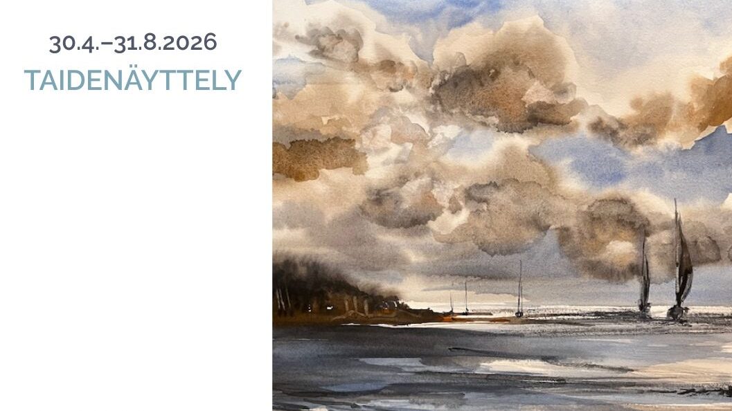 30.4.-31.8.2026 Taidenäyttely. Akvarellimaalaus, purjeveneitä tuulisessa ja pilvisessä merimaisemassa. 
