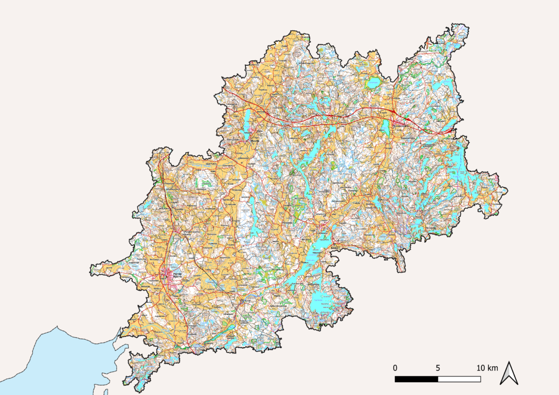 Kartta Perniönjoen ja Kiskonjoen valuma-alueista
