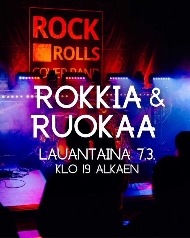 Kuvassa mainoskuva Rokkia&Ruokaa tapahtumasta, jossa näkyy bändi näkyy taustalle