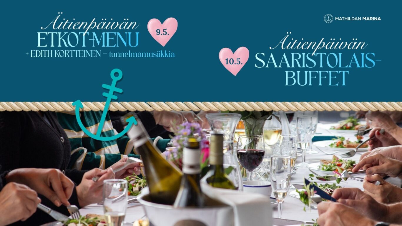 Ruokailijat ison juhlaruokapöydän ääressä satamassa.