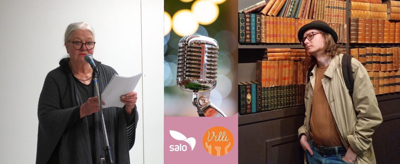 runoilijat Heli Santavirta ja Juha Väisänen sekä mikrofoni