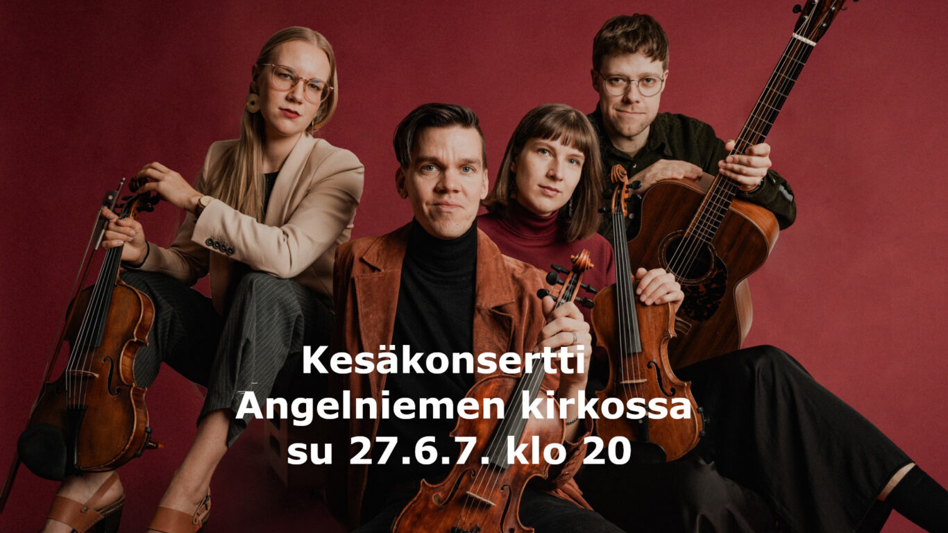 neljä soittajaa, tummanpunainen tausta