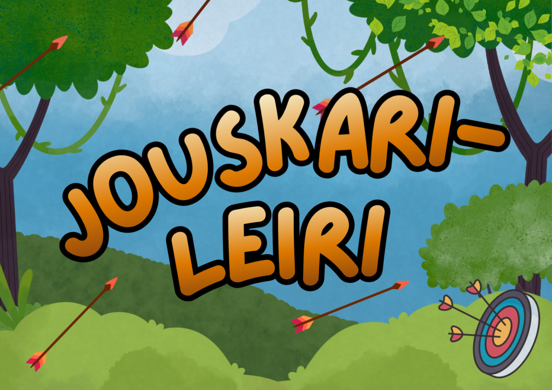 Piirroksellinen kuvituskuva jouskarileiristä, nuolia lentää luonnon helmassa taustoihin.