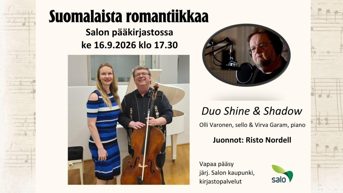 Nainen ja mies seisovat flyygelin edessä. Miehen edessä on sello.