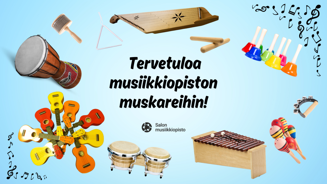 Kuvassa on kokoelma värikkäitä muskarin rytmisoittimia, ukuleleja ja kannel.