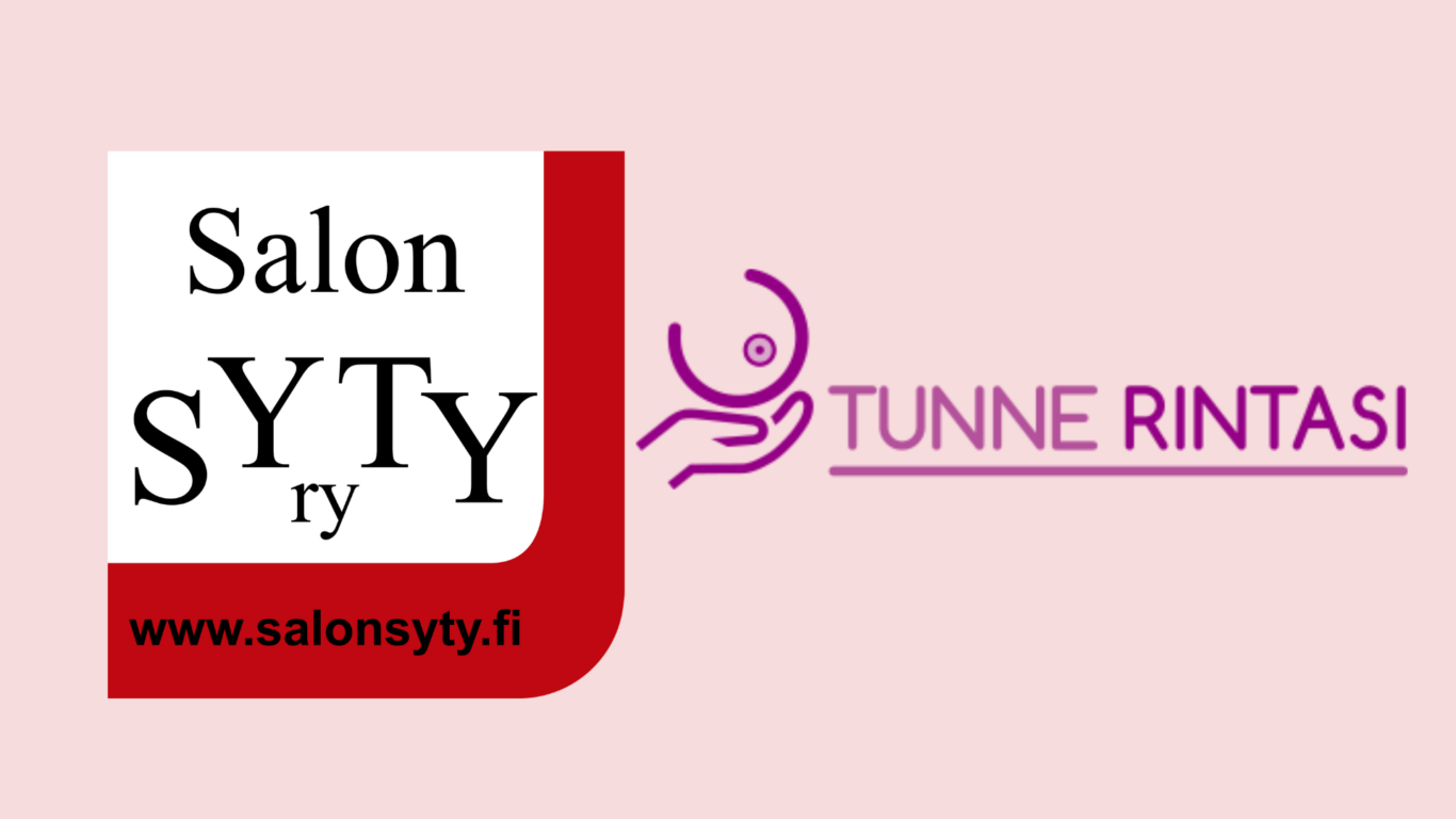Sytyn punavalkoinen logo vasemmalla ja Tunne rintasi -tapahtuman logo oikealla. Vaaleanpunainen pohja.