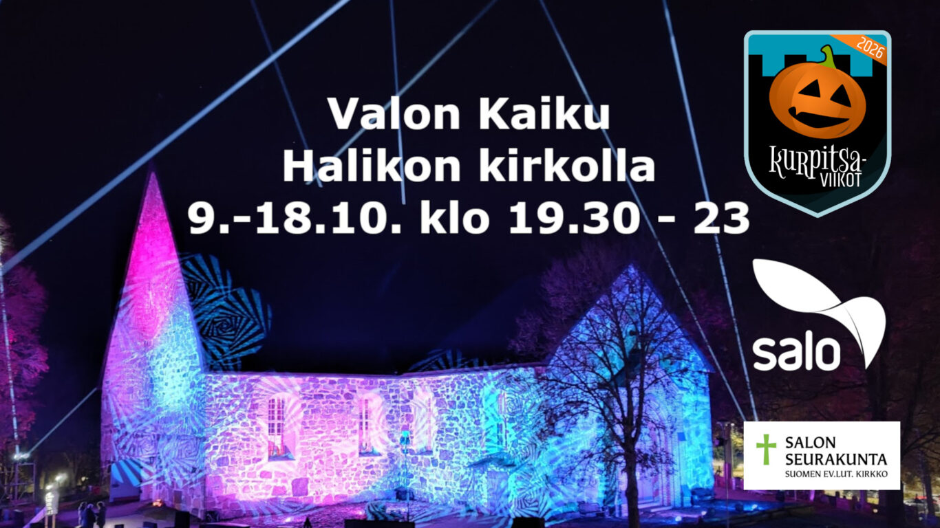 Halikon kirkko ulkoa värivaloissa