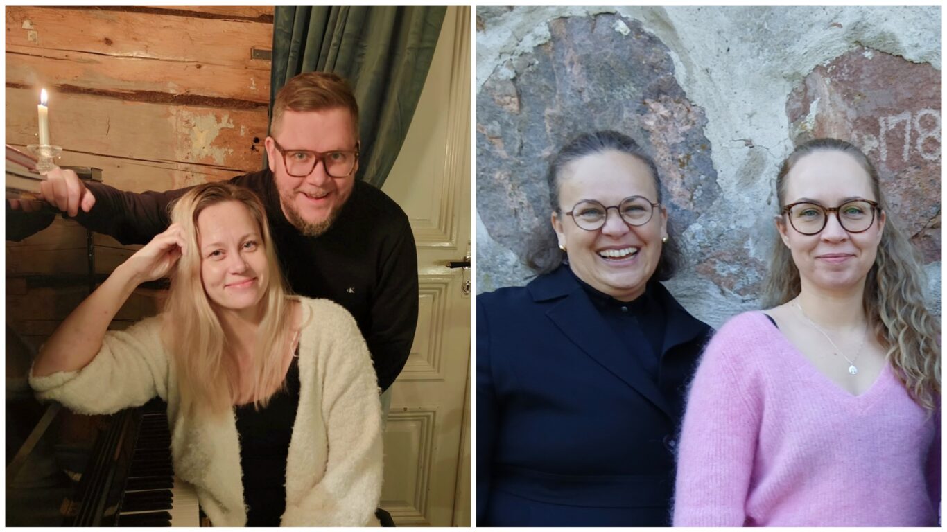 Kaksi kuvaa, joissa konsertin esiintyjät poseeraavat