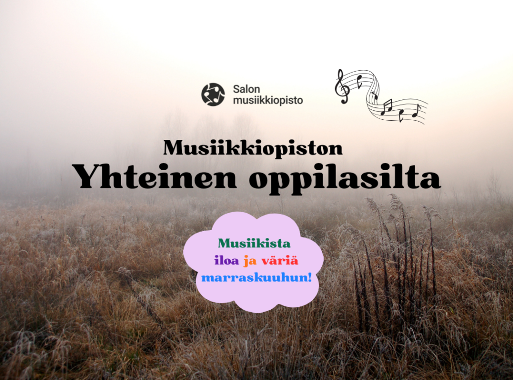 Sumuinen maisema, missä ruskeaksi kuivuneita talventörröttäjiä ja lumihärmäistä heinikkoa. Teksti: Salon musiikkiopisto. Musiikkiopiston yhteinen oppilasilta. Musiikista iloa ja väriä marraskuuhun! 