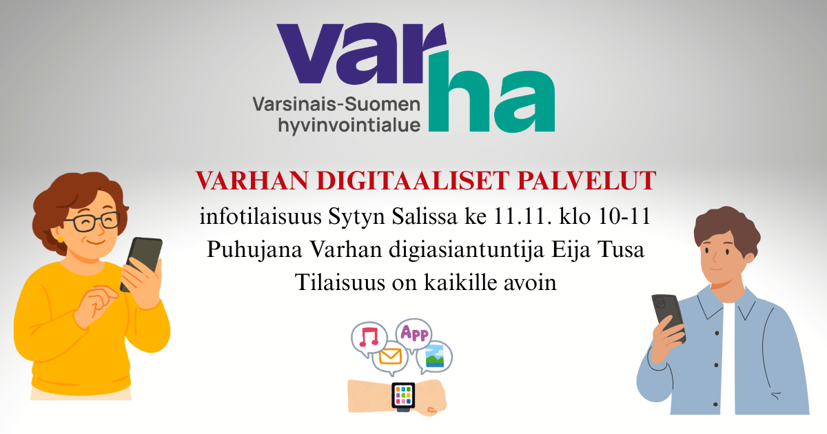 Vaalealla pohjalla vasemmalla piirretty nainen kännykkä kädessään. Oikealla piirretty mies kännykkä kädessään. Keskellä piirretty ranne missä älykello ja sen yläpuolella erilaisia merkkejä esim. nuotteja, kirjekuori, app ja maisemavalokuva. Ylhäällä Varhan sinivihreä logo. 